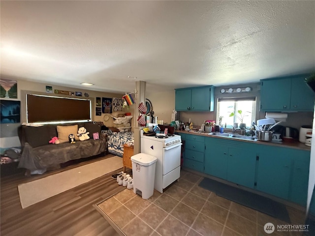 kitchen featuring stove, blue cabinetry, a textured ceiling, and a sink