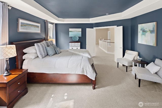 bedroom featuring carpet flooring and a tray ceiling