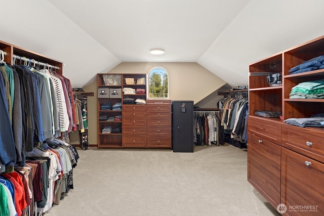 spacious closet featuring lofted ceiling and light colored carpet