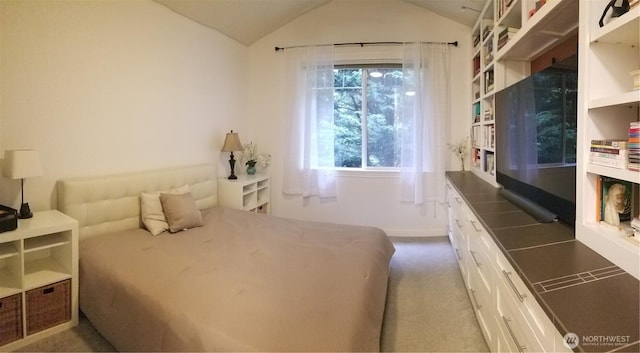 carpeted bedroom with lofted ceiling