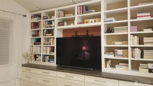 living area featuring lofted ceiling