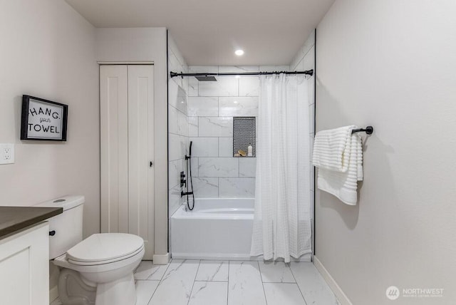 27716 114th Ave E, Graham, WA 98338 - bathroom with baseboards, toilet, shower / bath combination with curtain, vanity, and marble finish floor
