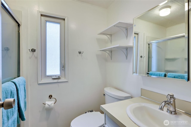 bathroom with an enclosed shower, toilet, and vanity