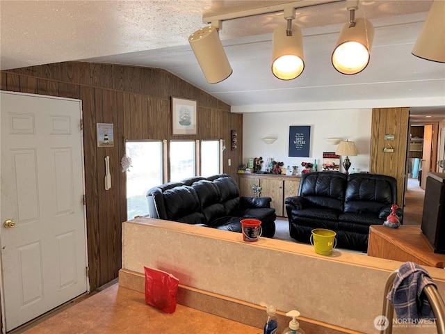 living room featuring wooden walls and vaulted ceiling