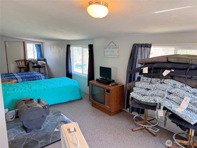 bedroom featuring carpet floors, a textured ceiling, and multiple windows