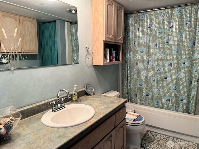 bathroom with vanity, toilet, and shower / tub combo with curtain