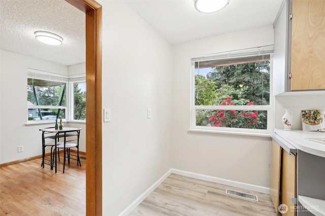 interior space featuring baseboards, light wood finished floors, a textured ceiling, and visible vents