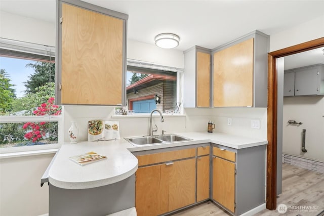 kitchen featuring a sink, light countertops, and light wood-style floors