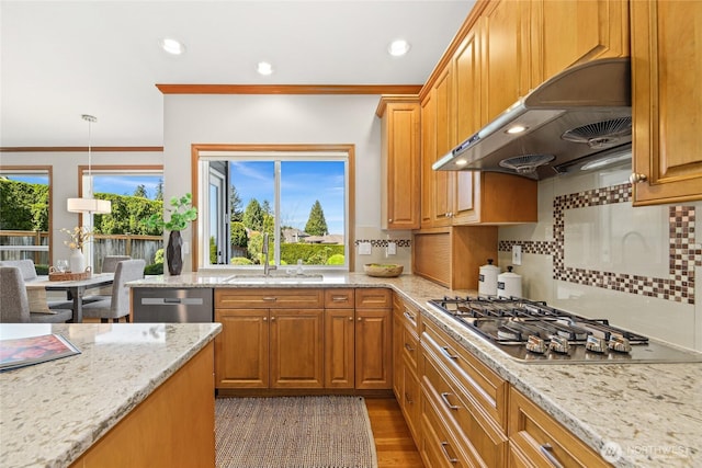 kitchen with a sink, stainless steel appliances, backsplash, and under cabinet range hood