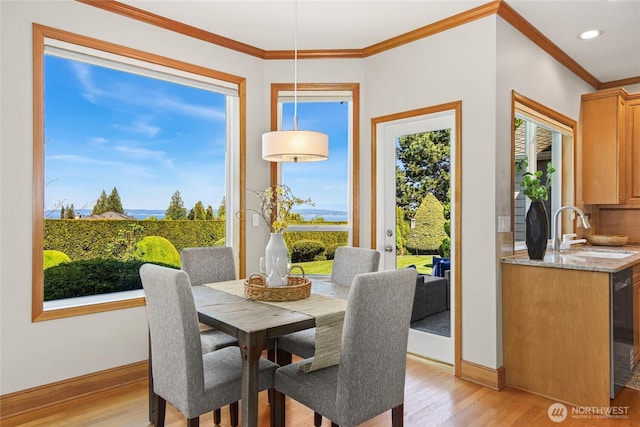 dining area with baseboards, ornamental molding, light wood finished floors, and a wealth of natural light