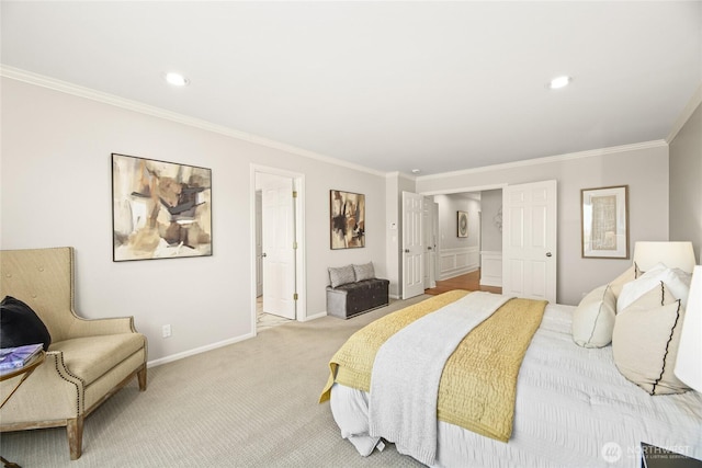 bedroom with recessed lighting, baseboards, light colored carpet, and ornamental molding