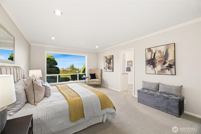 bedroom with carpet flooring, recessed lighting, baseboards, and ornamental molding