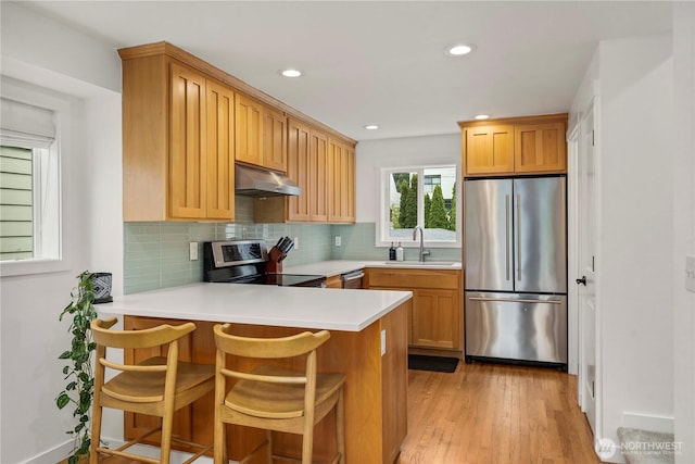 kitchen featuring a peninsula, under cabinet range hood, tasteful backsplash, a sink, and stainless steel appliances