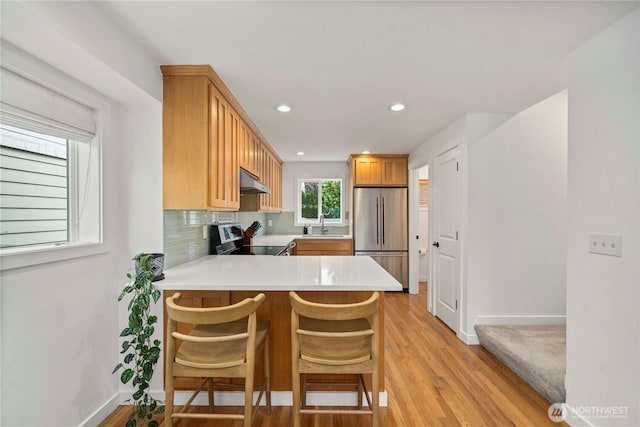 kitchen featuring light wood-style floors, baseboards, under cabinet range hood, backsplash, and stainless steel appliances