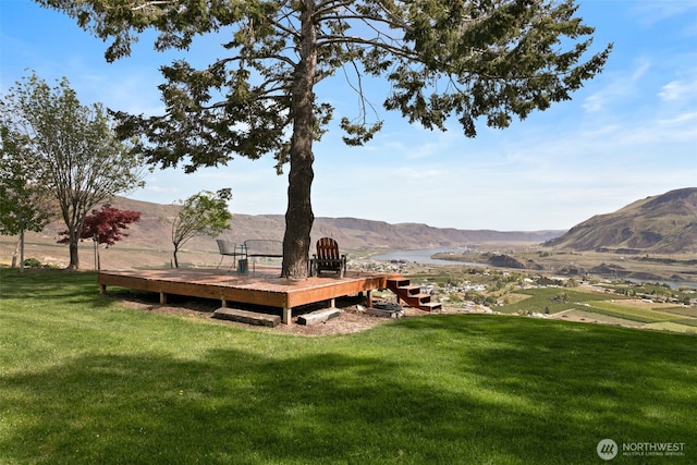 view of yard featuring a deck with water view