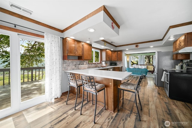 kitchen featuring a peninsula, visible vents, ornamental molding, and stainless steel range with electric stovetop