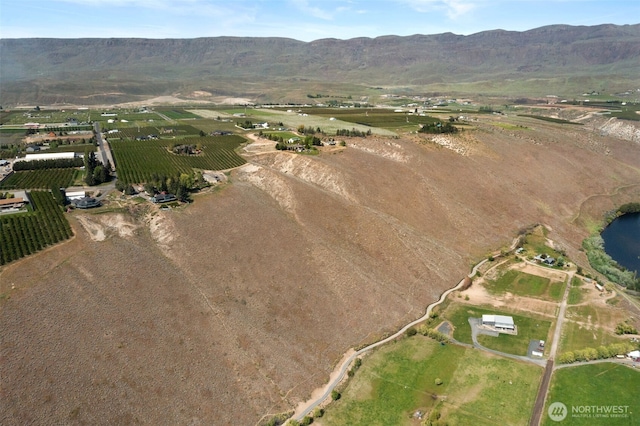 birds eye view of property featuring a mountain view and a rural view