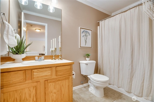 bathroom with tile patterned flooring, a shower with curtain, ornamental molding, toilet, and vanity