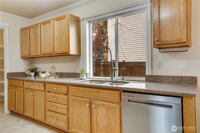 kitchen with stainless steel dishwasher, light brown cabinets, a sink, light tile patterned flooring, and crown molding