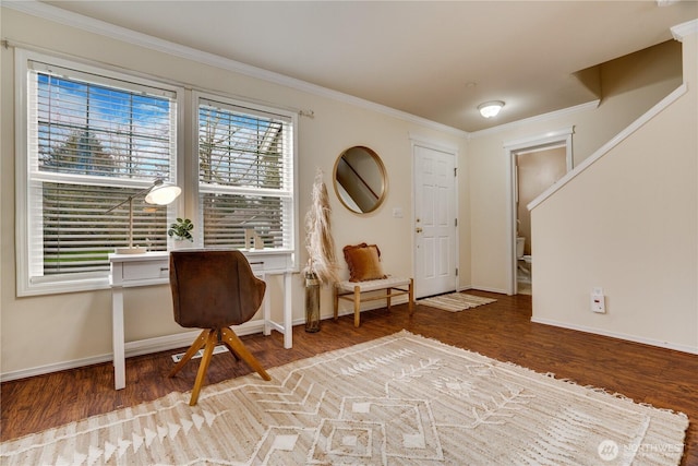 office featuring baseboards, wood finished floors, and ornamental molding