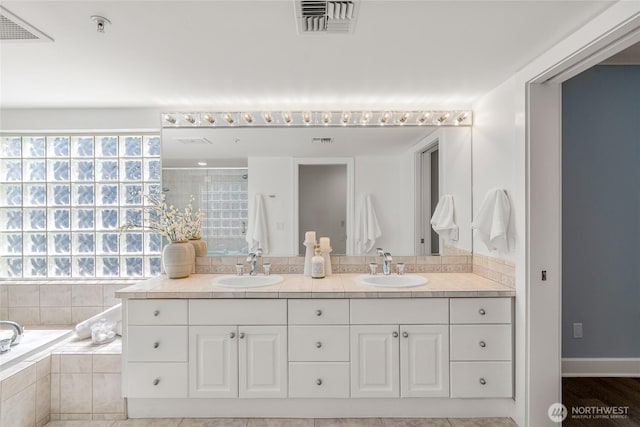 bathroom featuring a sink, double vanity, and visible vents