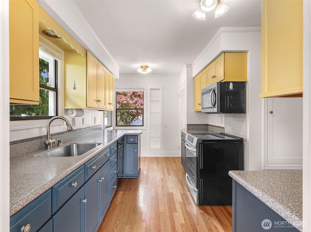 kitchen with electric range, tasteful backsplash, light wood-type flooring, a sink, and stainless steel microwave