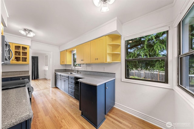 kitchen with a sink, light wood-style floors, crown molding, and stainless steel microwave