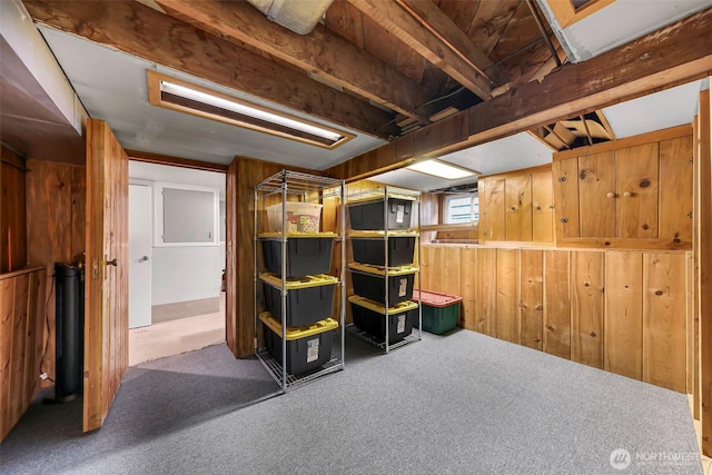 basement featuring wood walls and carpet