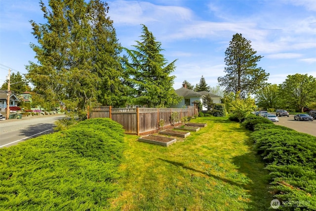 view of yard featuring fence and a vegetable garden