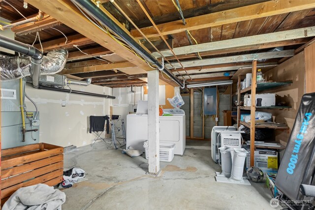 unfinished basement with washer and dryer and electric panel