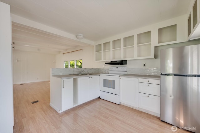 23708 Locust Way Unit 29, Bothell, WA 98102 - kitchen featuring freestanding refrigerator, white electric range, a sink, a peninsula, and light wood-style floors