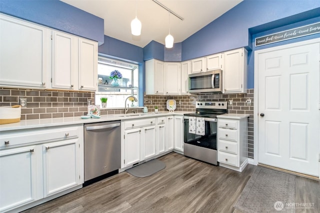 kitchen with a sink, appliances with stainless steel finishes, dark wood-style flooring, and white cabinetry
