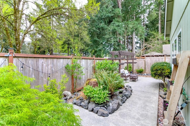 view of yard featuring a patio and a fenced backyard