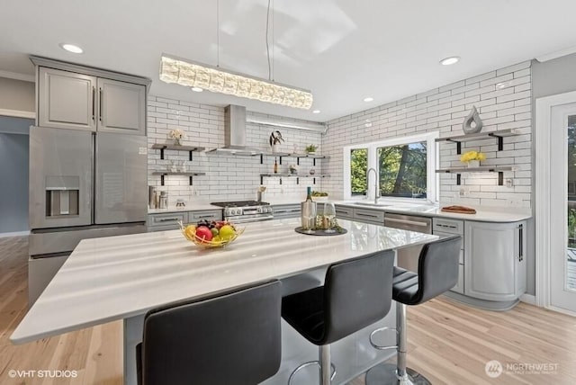 kitchen featuring open shelves, a sink, a breakfast bar area, wall chimney exhaust hood, and decorative backsplash