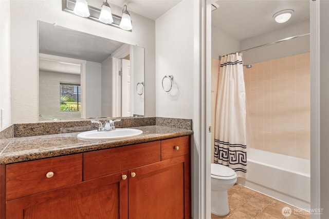 full bathroom featuring vanity, tile patterned flooring, shower / bath combo, and toilet