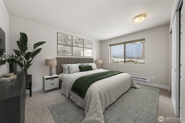 bedroom with baseboards, light colored carpet, and baseboard heating