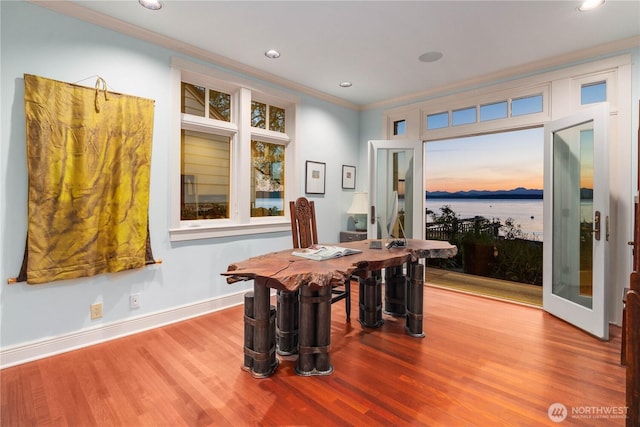 9325 Fauntleroy Way SW, Seattle, WA 98136 - dining room featuring crown molding, recessed lighting, baseboards, and wood finished floors