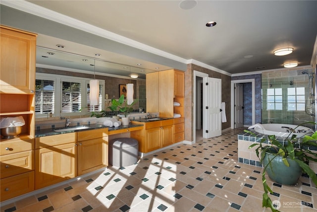 9325 Fauntleroy Way SW, Seattle, WA 98136 - kitchen with baseboards, a sink, dark countertops, and ornamental molding