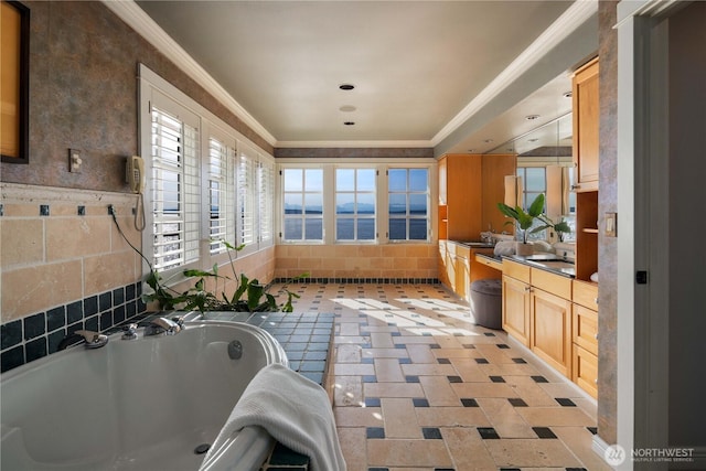 9325 Fauntleroy Way SW, Seattle, WA 98136 - full bath with crown molding, vanity, and a garden tub