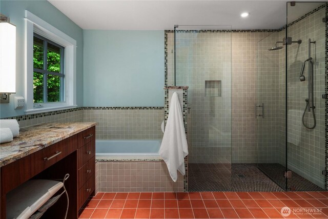 9325 Fauntleroy Way SW, Seattle, WA 98136 - full bathroom with a bath, tile patterned flooring, a shower stall, vanity, and recessed lighting