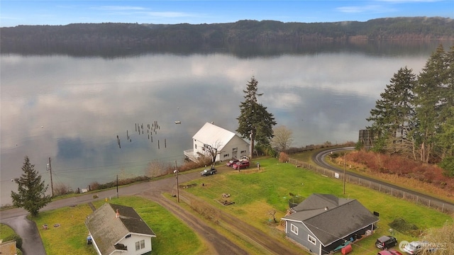 drone / aerial view with a water view and a view of trees