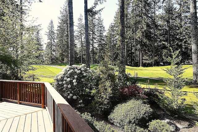 wooden deck featuring a lawn