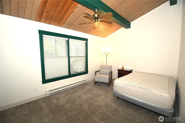carpeted bedroom featuring ceiling fan, lofted ceiling with beams, a baseboard heating unit, baseboards, and wooden ceiling
