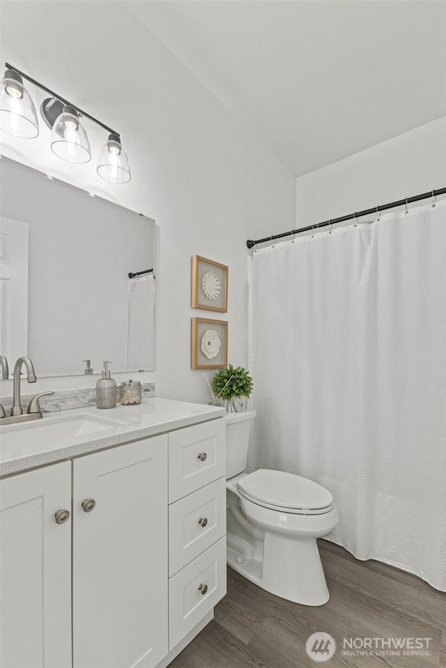 full bathroom featuring toilet, wood finished floors, and vanity