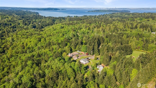 drone / aerial view with a water view and a wooded view
