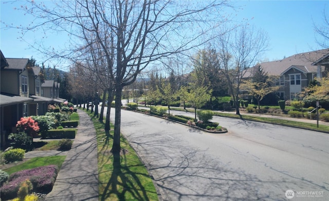 view of street with a residential view, sidewalks, and curbs