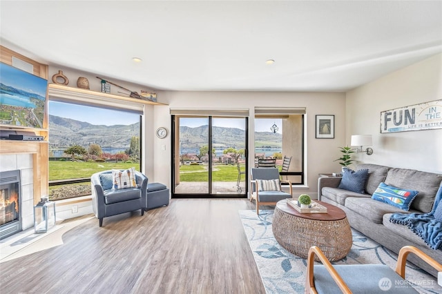 living room featuring a mountain view, a tiled fireplace, and wood finished floors