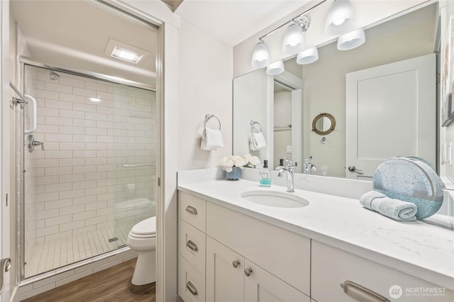 full bathroom featuring wood finished floors, vanity, toilet, and a stall shower