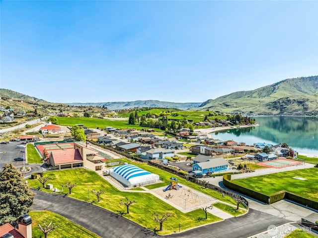 aerial view with a water and mountain view