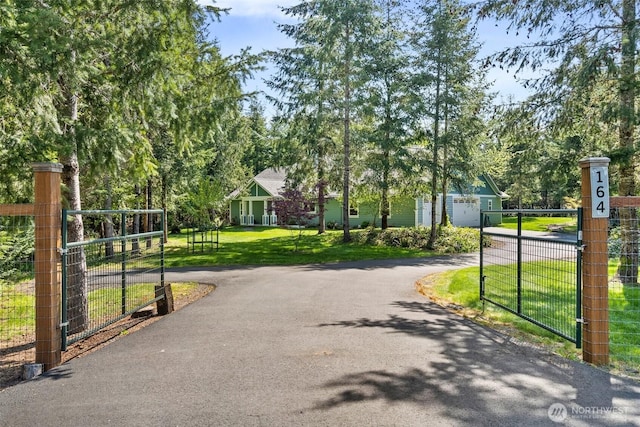 view of road with a gated entry, a gate, and aphalt driveway